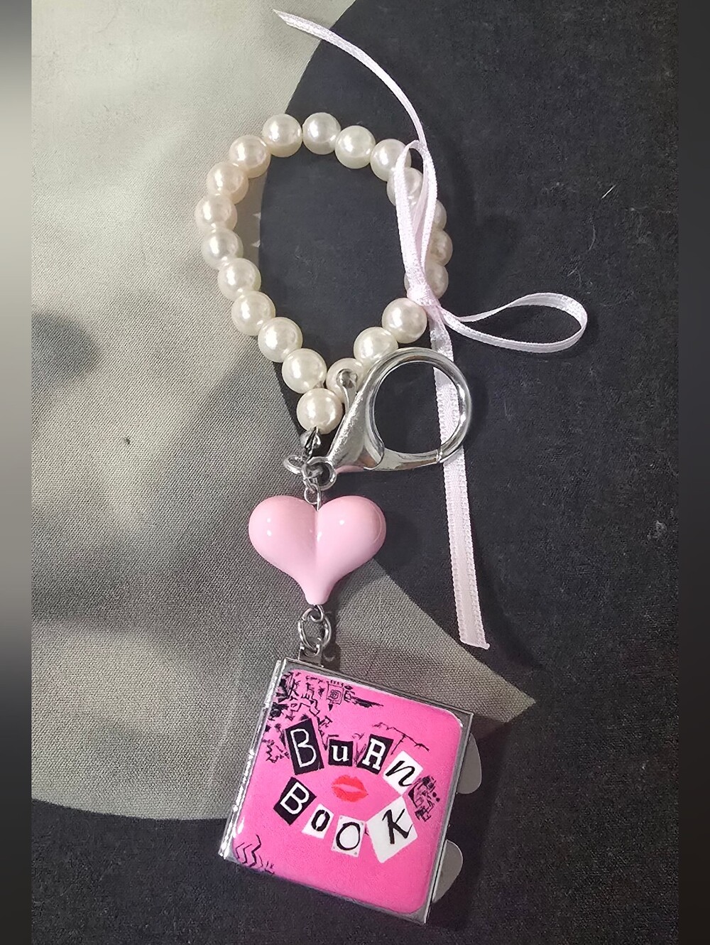 Pink Heart Pearl Keychain with 'Burn Book' Charm - Kids Accessories